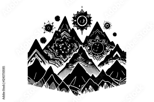 Abstract Mountain Landscape with Celestial Elements