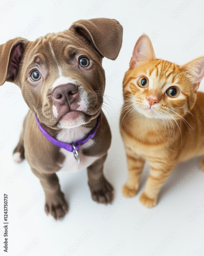 Obraz premium Adorable puppy and playful kitten sitting side by side against a clean white background, showcasing friendship and companionship in an adorable moment.