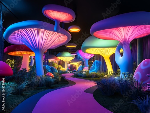 Fantasy forest amusement park section, glowing mushrooms, enchanted pathways, magical and storybooklike wonderland photo