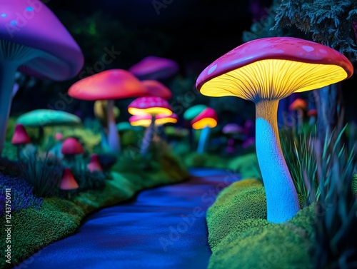 Fantasy forest amusement park section, glowing mushrooms, enchanted pathways, magical and storybooklike wonderland photo