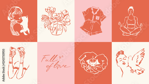 Collection of sketch style illustrations. The main theme is self love and self care.