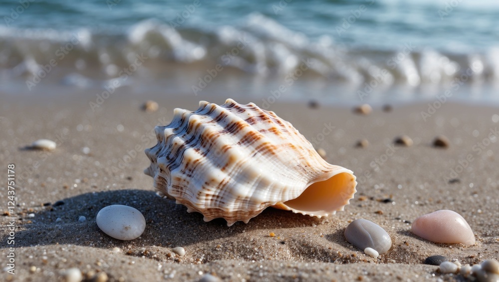 Beautiful seashell resting on fine sandy beach with scattered pebbles and gentle sea waves, perfect for summer vacation themes. Beautiful seashell resting on fine sandy beach with scattered pebbles and gentle sea waves, perfect for summer vacation themes.