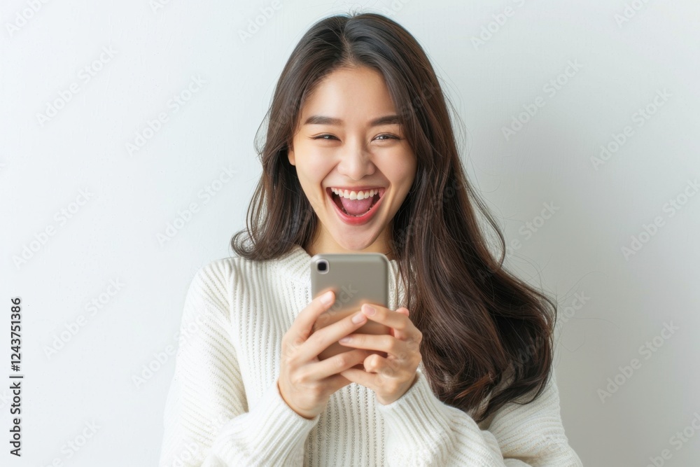 Ecstatic Asian woman holding a smartphone, celebrating her success against a white background Ecstatic Asian woman holding a smartphone, celebrating her success against a white background