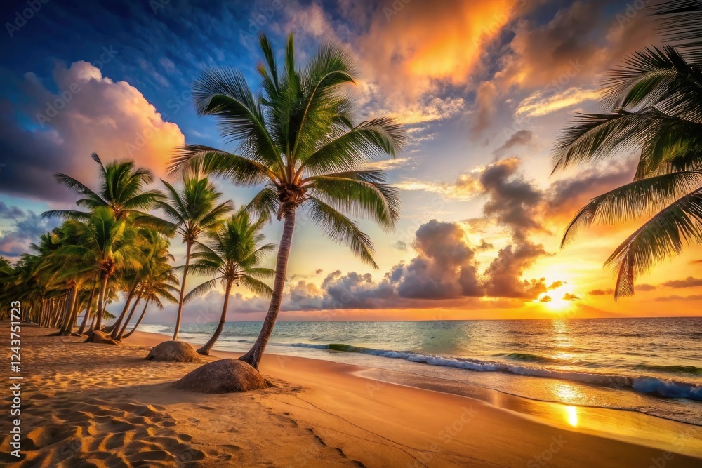 Fototapeta premium Warm sandy beach at sunset with palm trees swaying gently in the breeze, beach, serene, shoreline