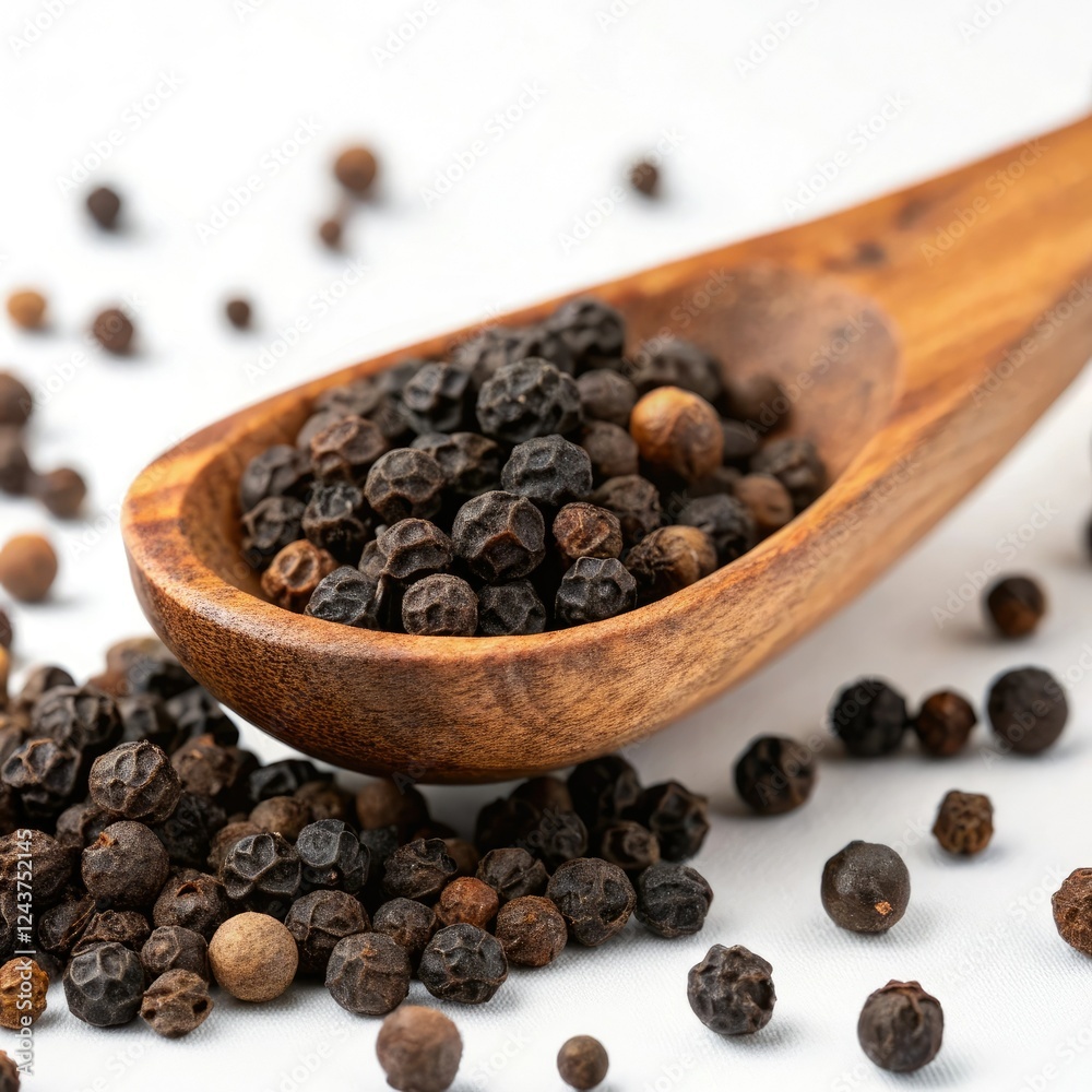 black pepper in a wooden spoon black pepper in a wooden spoon