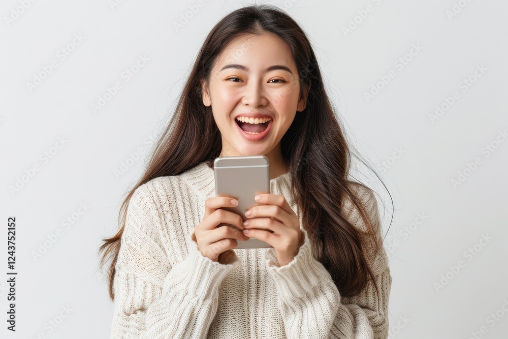 Ecstatic Asian woman holding a smartphone, celebrating her success against a white background Ecstatic Asian woman holding a smartphone, celebrating her success against a white background