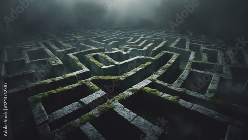 Intricate stone labyrinth surrounded by mist under soft lighting at twilight