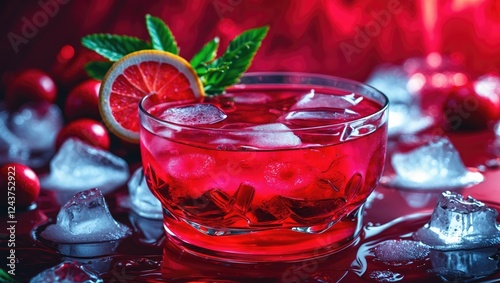 Refreshing Red Cocktail Garnished with Mint and Lemon Served Over Ice in a Stylish Glass Setting on a Vibrant Background. photo