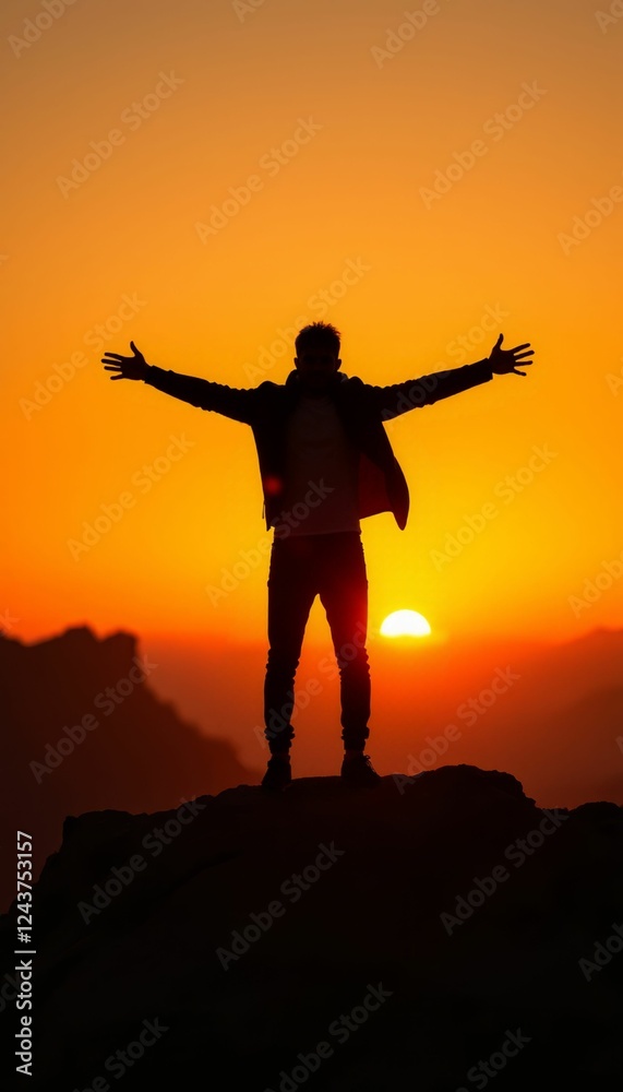 Man Silhouetted Against a Vibrant Sunset, Embracing the Panoramic Mountain View Man Silhouetted Against a Vibrant Sunset, Embracing the Panoramic Mountain View