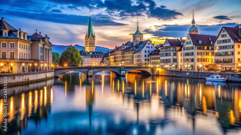 Panoramic Night View of Zurich's Limmat River Bridges, Switzerland - 4K Cityscape Panoramic Night View of Zurich's Limmat River Bridges, Switzerland - 4K Cityscape