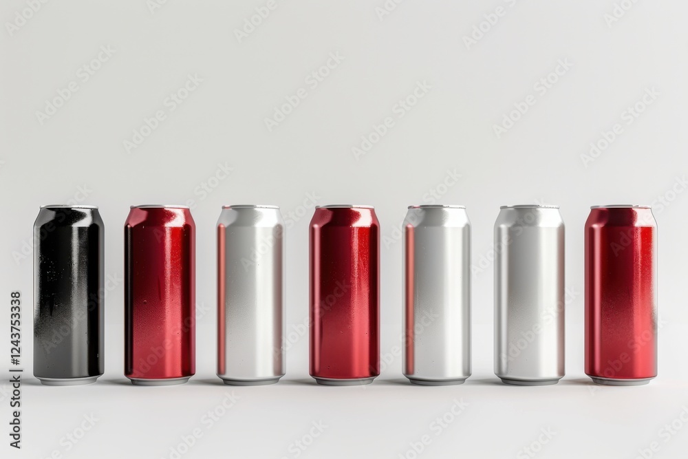 Elegant 3D render of aluminum slim cans in silver, white, black, and red, standing upright on a white background, ideal for beer can mockup templates