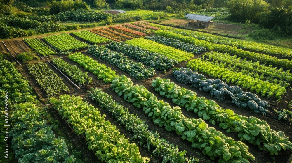 Aerial view of a lush organic vegetable farm, rows of green crops under soft morning light, peaceful rural landscape