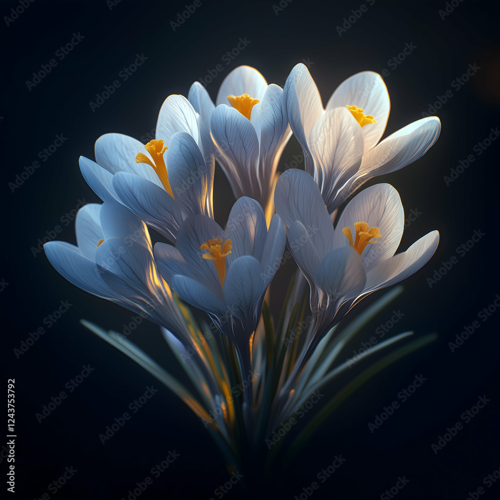 Fototapeta premium Soft light embraces a delicate bouquet of white crocus flowers in a serene setting at dusk, revealing nature's quiet beauty. Generative AI