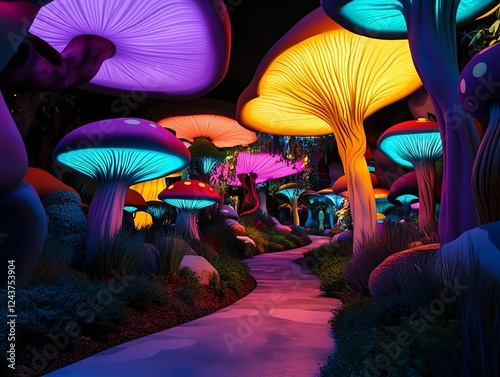 Fantasy forest amusement park section, glowing mushrooms, enchanted pathways, magical and storybooklike wonderland photo