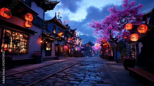 Fantasythemed amusement park street, cobblestone pathways, glowing lanterns, whimsical and storybooklike atmosphere photo
