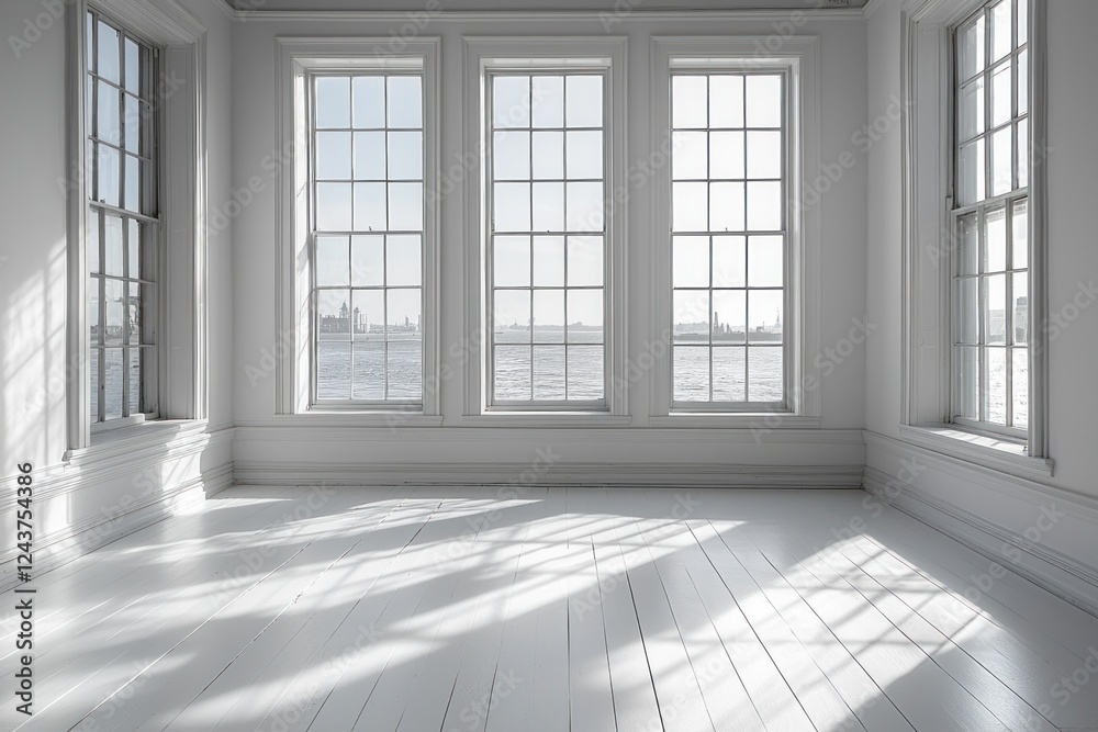 Fototapeta premium Bright, airy room with large windows overlooking a serene water view, showcasing natural light and minimalistic design