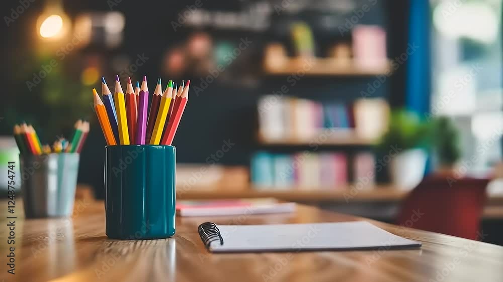 Colorful Pencils in Teal Holder on Wooden Desk with Notebook Colorful Pencils in Teal Holder on Wooden Desk with Notebook