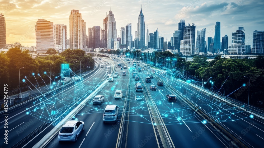 Obraz premium A digital representation of a smart car navigating through a virtual city, analyzing road conditions and traffic patterns.