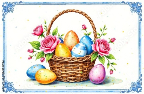 A watercolor Easter card in French chinoiserie style, featuring a basket of vibrant Easter eggs and roses. The card is framed with a vintage blue chinoiserie border and adorned with a coordinating