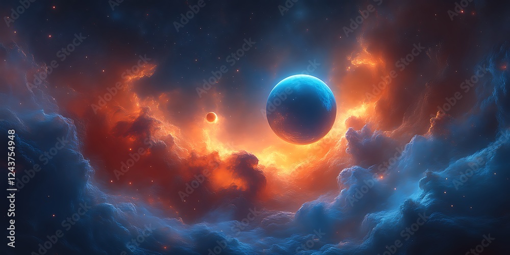Two planets in fiery nebula. Two planets in fiery nebula.