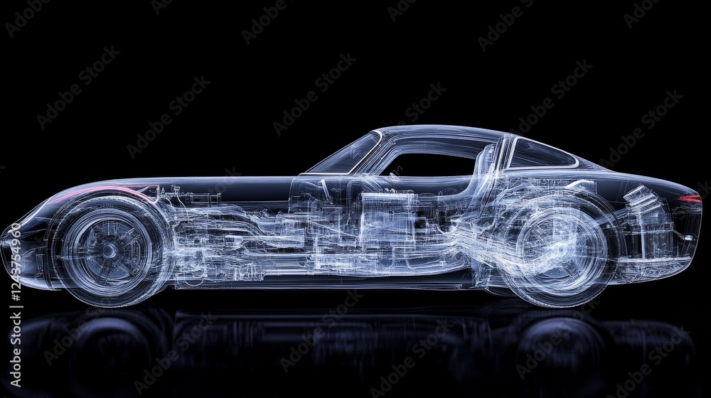 Obraz premium A fully transparent digital twin of a hybrid car revealing the internal mechanics and energy flow.
