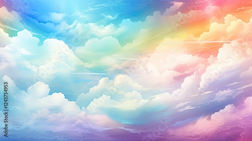 Vibrant rainbow gradient background with soft clouds and blue sky