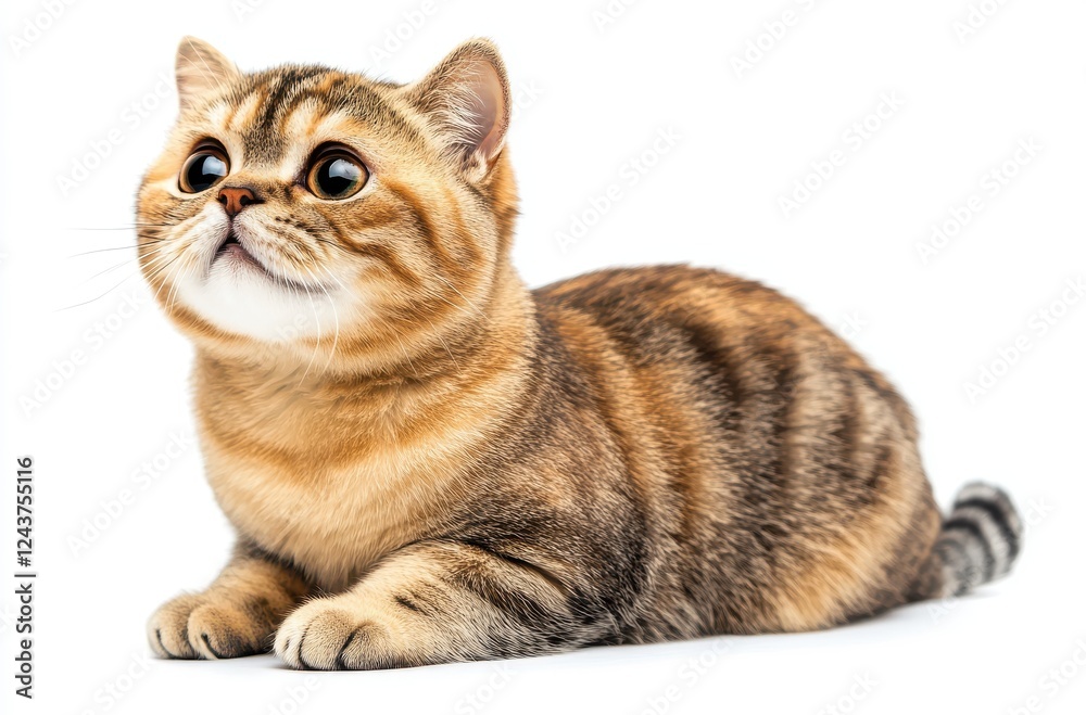 Obraz premium Adorable striped cat with wide eyes against a white background, showcasing playful and curious character, perfect for pet lovers and animal enthusiasts photos.