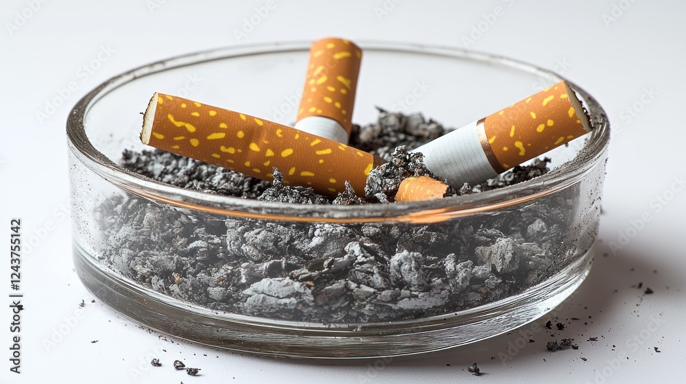Used cigarettes in glass ashtray, close-up, white background Used cigarettes in glass ashtray, close-up, white background