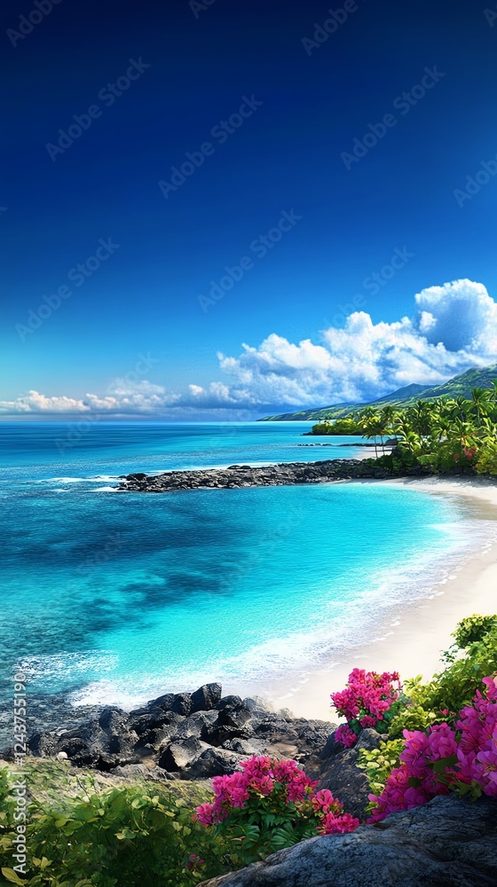 Fototapeta premium Hawaiian beach, volcanic rocks, lush flowers, 3D illustration