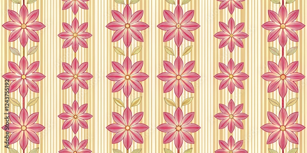 Fototapeta premium Crimson Floral Stripes Repeating Pattern Design