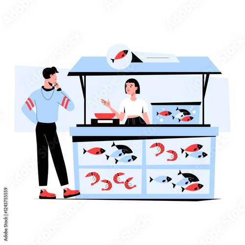 Fish Market Stall With Female Vendor And Male Customer In Flat Vector Illustration Symbolizing Seafood Sales, Street Market, And Fresh Fish Business, Isolated On White Background