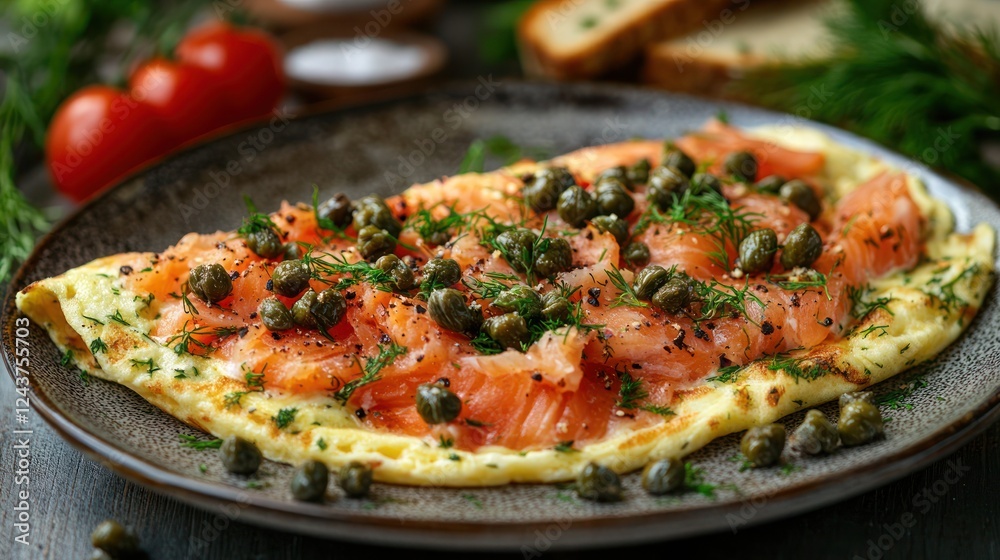 Smoked Salmon and Capers Omelette A fluffy omelette folded with smoked salmon, capers, and dill, served with toast Smoked Salmon and Capers Omelette A fluffy omelette folded with smoked salmon, capers, and dill, served with toast