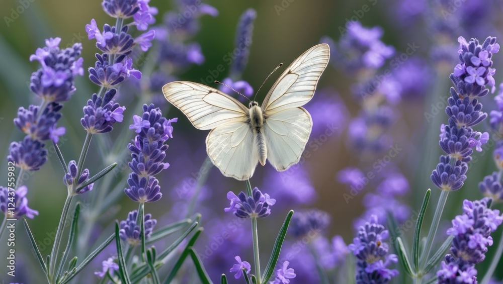 Delicate white butterfly resting on vibrant lavender flowers in a serene garden setting showcasing nature's beauty and tranquility. Delicate white butterfly resting on vibrant lavender flowers in a serene garden setting showcasing nature's beauty and tranquility.