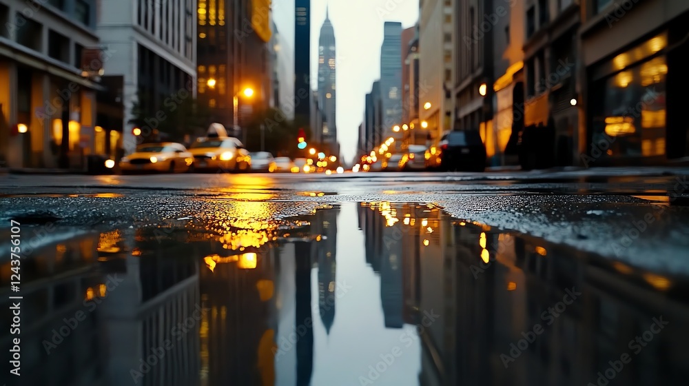 Raindrenched sidewalk with puddles reflecting city skyscrapers, urban beauty in details, cinematic perspective Raindrenched sidewalk with puddles reflecting city skyscrapers, urban beauty in details, cinematic perspective