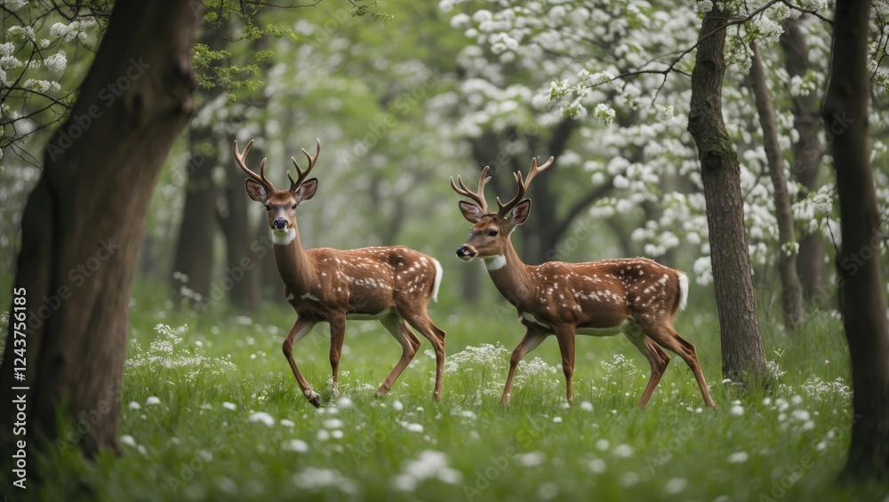 Two Fallow Deer Grazing Through Lush Green Woodland Surrounded By Blooming White Flowering Trees In A Serene Summer Forest Environment