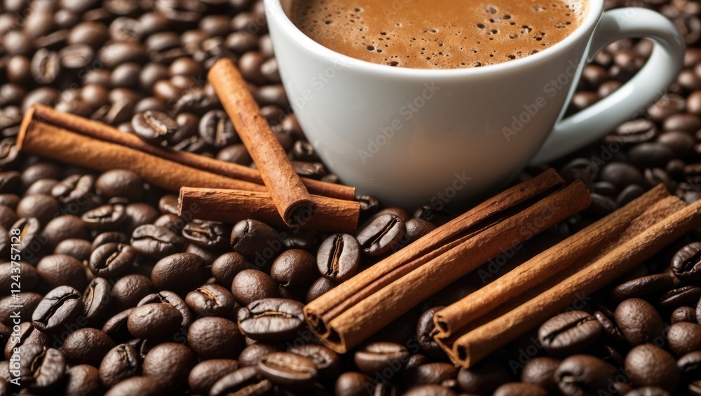 Fototapeta premium Aromatic coffee cup with cinnamon sticks resting on a bed of roasted coffee beans, inviting a warm and cozy ambiance.