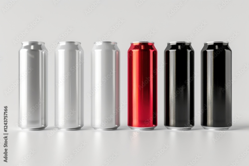 Elegant 3D render of aluminum slim cans in silver, white, black, and red, standing upright on a white background, ideal for beer can mockup templates