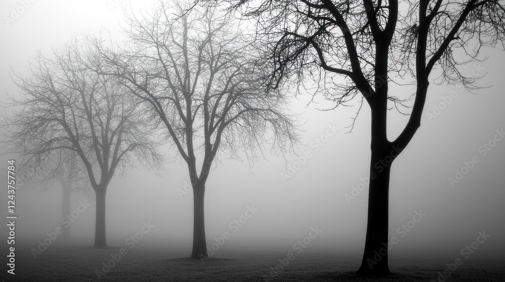 Misty Morning: Silhouettes of Leafless Trees in Fog Misty Morning: Silhouettes of Leafless Trees in Fog