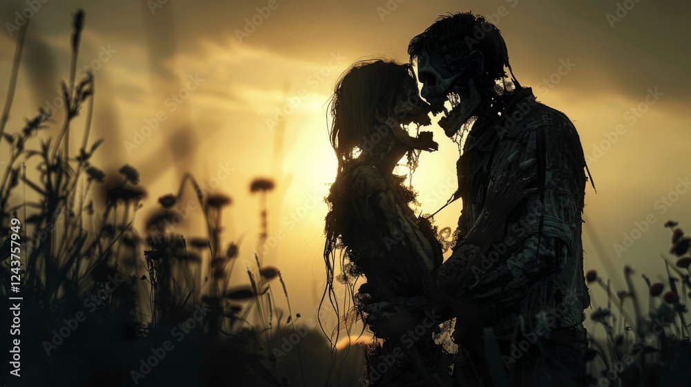 Unconventional zombie love story of undead romance depicting a skeleton couple embracing eternal love Unconventional zombie love story of undead romance depicting a skeleton couple embracing eternal love