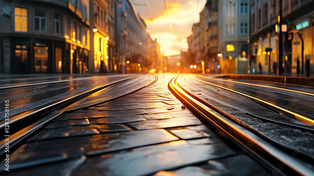 Obraz premium Street with tram tracks, European vibe, nostalgic feel, 3D illustration