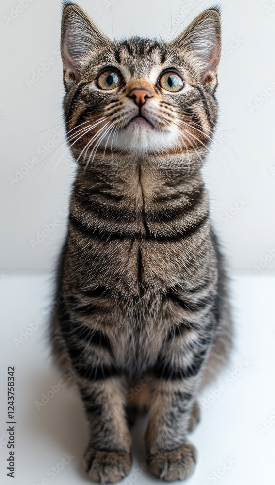Adorable tabby cat with striking blue eyes and expressive features, sitting upright and looking curiously at the camera against a light backdrop Adorable tabby cat with striking blue eyes and expressive features, sitting upright and looking curiously at the camera against a light backdrop