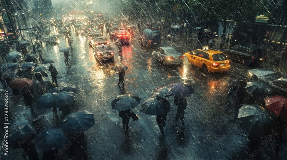 A busy city street during a fierce thunderstorm, people rushing with umbrellas, headlights cutting through the rain, a moody and atmospheric scene A busy city street during a fierce thunderstorm, people rushing with umbrellas, headlights cutting through the rain, a moody and atmospheric scene
