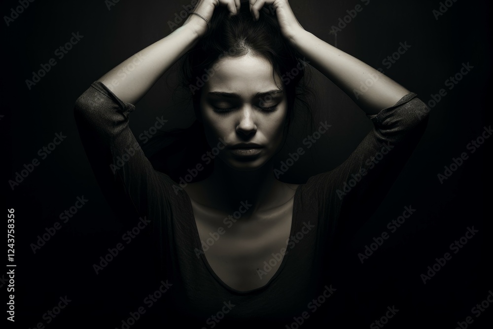 Woman in deep thought with hands on head, dimly lit Woman in deep thought with hands on head, dimly lit