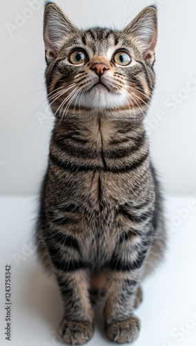 Adorable tabby cat with striking blue eyes and expressive features, sitting upright and looking curiously at the camera against a light backdrop