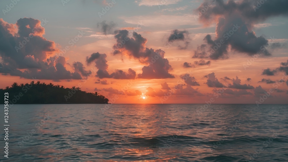 Naklejka premium Stunning Sunrise Over Mabul Island Beautiful Tropical Landscape With Calm Waters And Vibrant Colors Ideal For Text Overlay