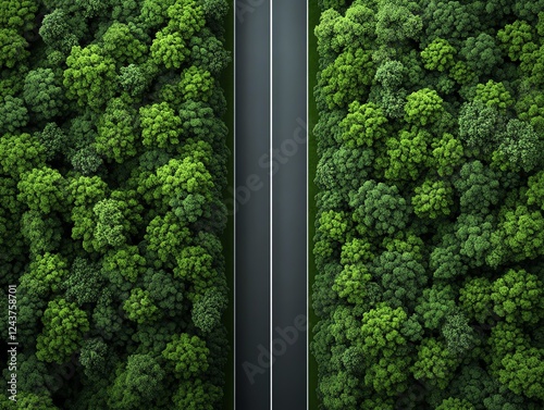 Topdown view of a perfectly straight road slicing through a dense forest, symmetry and natural contrast, striking geometric composition photo