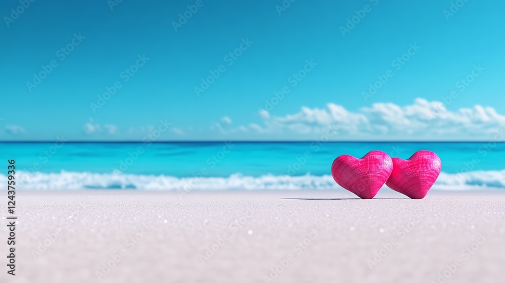 Romantic beach, heartshaped seashells, soft waves, 3D illustration Romantic beach, heartshaped seashells, soft waves, 3D illustration