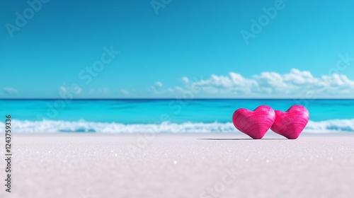 Romantic beach, heartshaped seashells, soft waves, 3D illustration