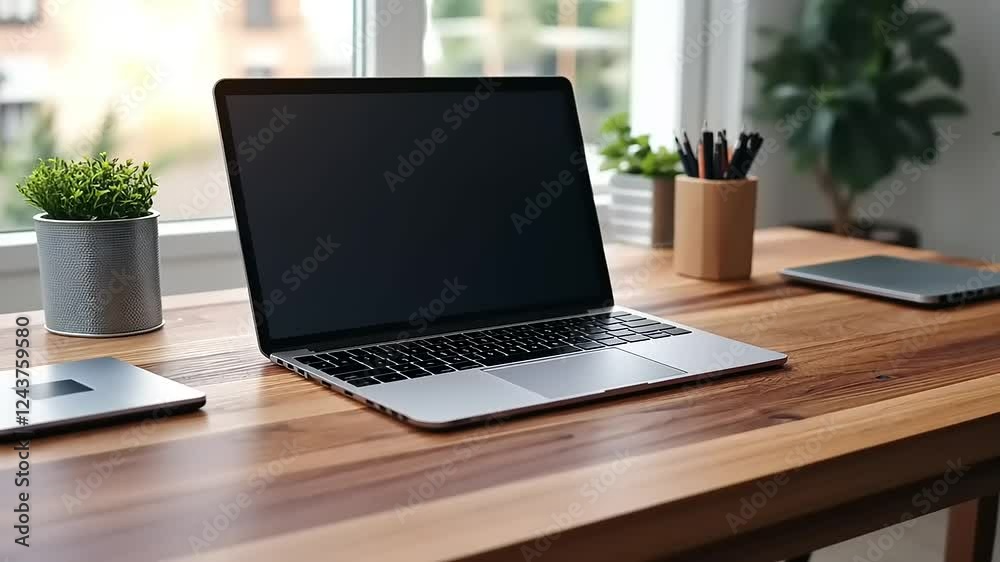 Modern laptop on a wooden desk near a window, with plants and stationery. Modern laptop on a wooden desk near a window, with plants and stationery.