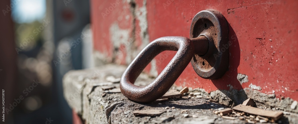 Rusty metal handle on a red wall showcasing a melancholic and abandoned vibe with bent design and shadow effects. Perfect for vintage themes. Rusty metal handle on a red wall showcasing a melancholic and abandoned vibe with bent design and shadow effects. Perfect for vintage themes.